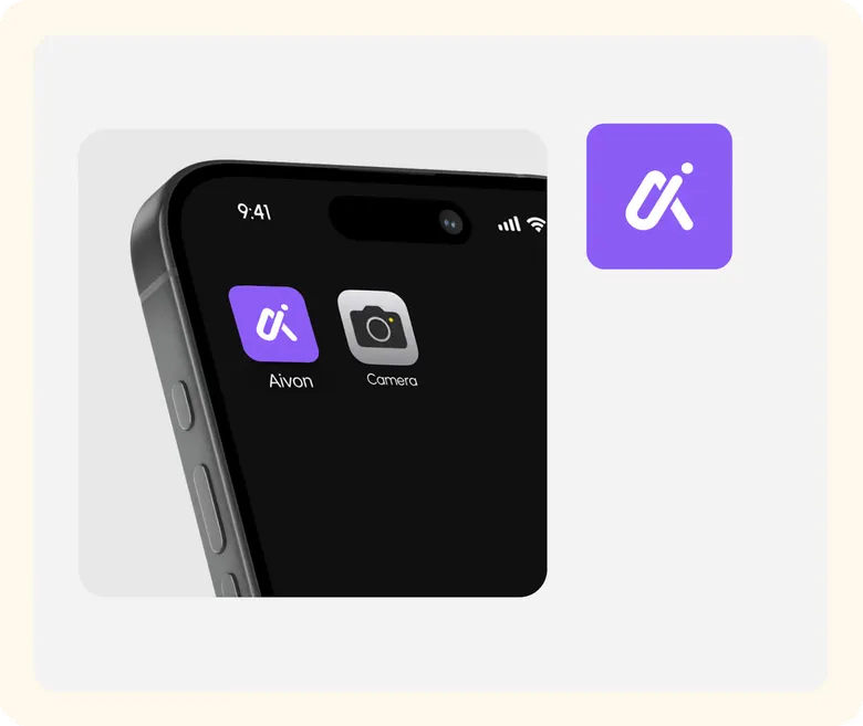 Aivon app icon on a phone home screen beside the purple app icon tile.