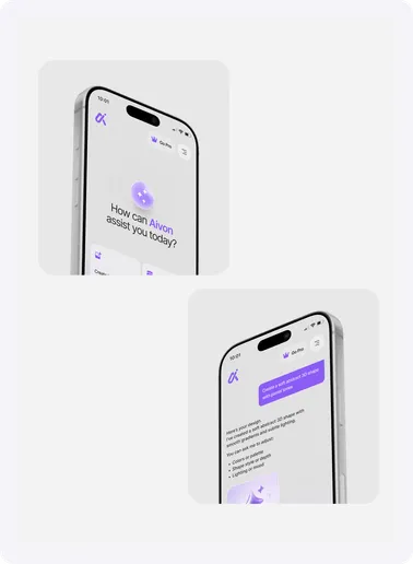 Two phones showing the Aivon home screen and a chat conversation.
