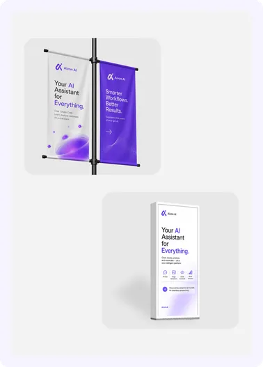 Aivon street banners and a printed poster in purple.