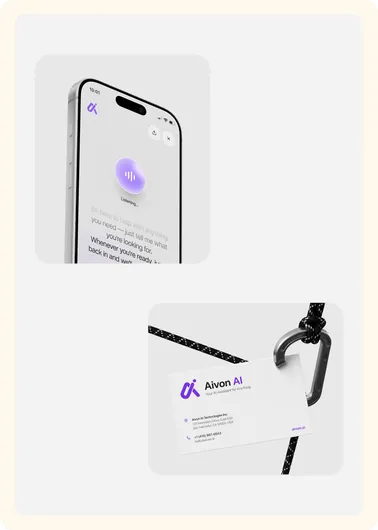 Aivon home screen on a phone and the Aivon logo on a business card.