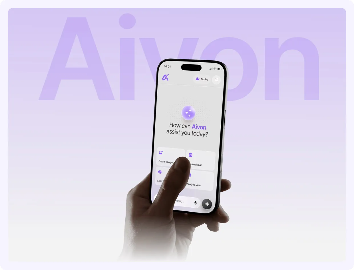A hand holding a phone with the Aivon home screen asking "How can Aivon assist you today?".
