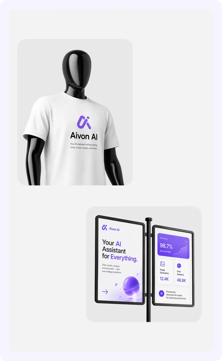 Aivon logo on a white T-shirt and on a double-sided street banner.