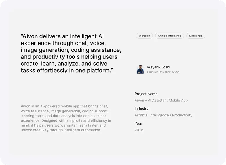 Aivon project summary board with a quote from the product designer, the project name, industry and year.
