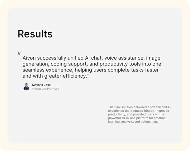 Results board with a quote on how Aivon unified chat, voice, image generation and coding in one app.