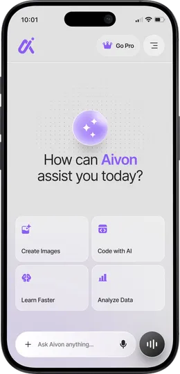 Aivon home screen asking "How can Aivon assist you today?" with shortcuts: create images, code with AI, learn faster, analyse data.