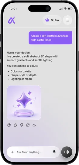 Aivon chat creating a soft abstract purple 3D image from a prompt.