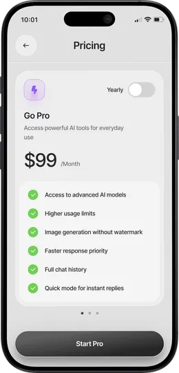 Aivon Pro pricing screen listing the premium features and a Start Pro button.