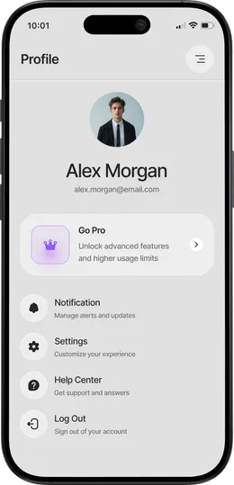 Aivon profile screen with the Go Pro offer, notifications, settings and help centre.