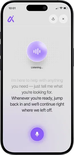 Aivon voice screen with a glowing purple orb listening and a microphone button.