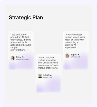 Strategic plan board with three team quotes on the AI-first experience.