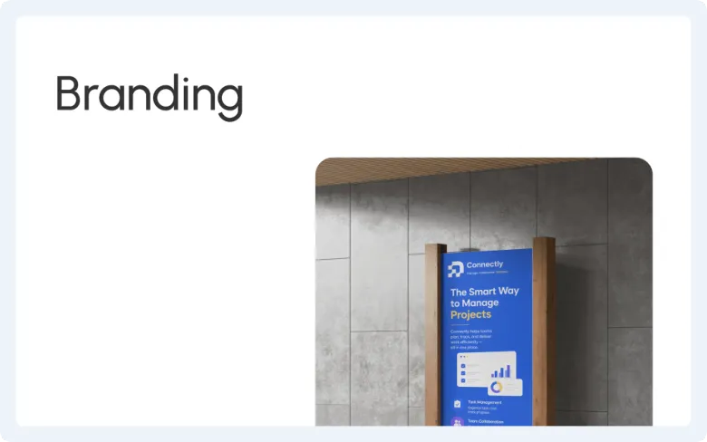 Connectly branding on a blue standing sign in an office lobby.