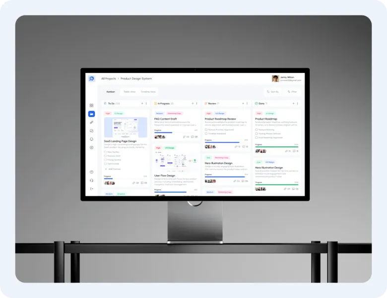 Connectly kanban board on a desktop monitor in a dark studio.
