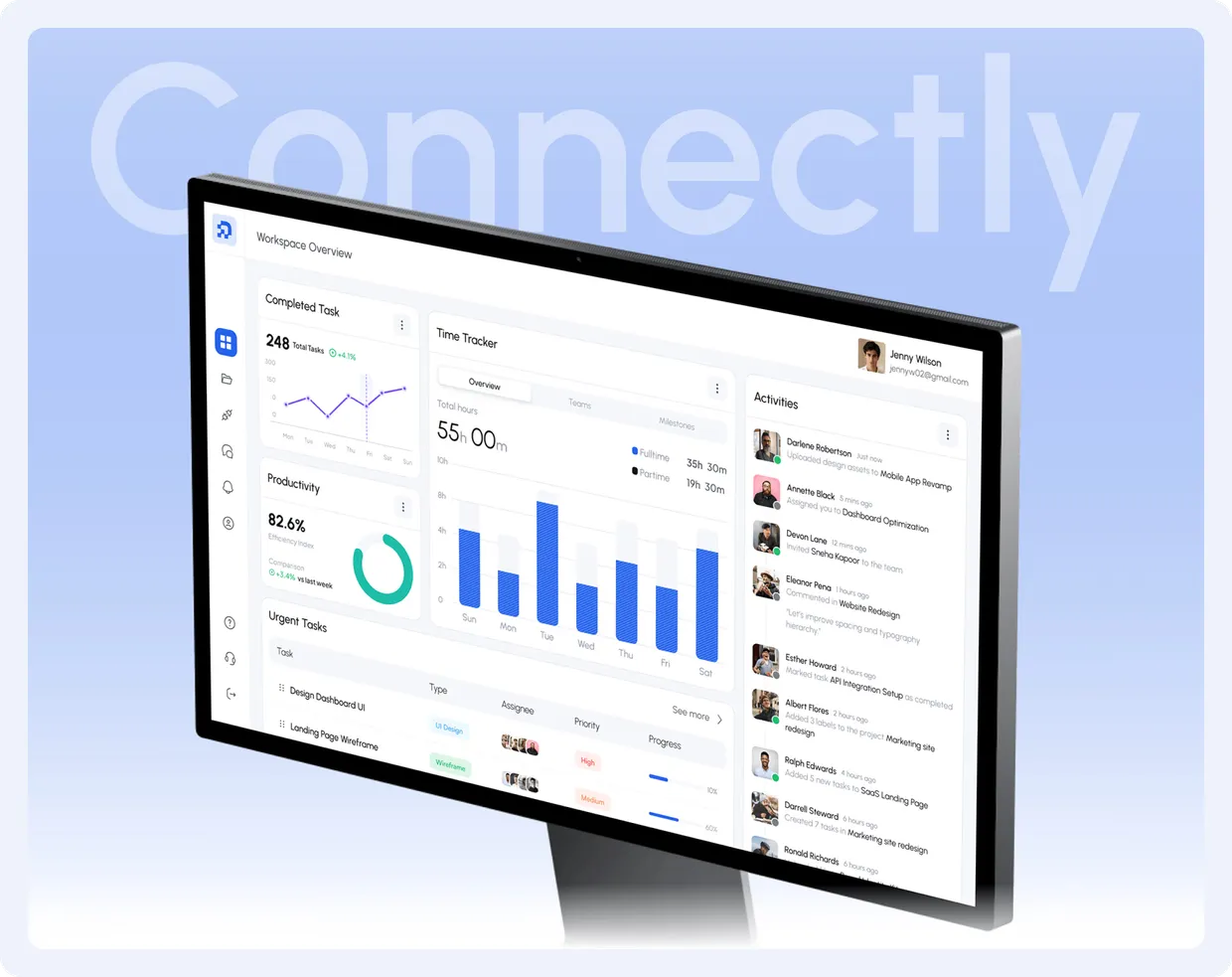 Connectly workspace overview dashboard with tasks, productivity and time tracking on a desktop monitor.