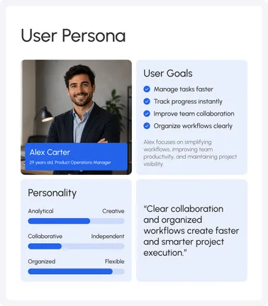 User persona of a product operations manager with goals, personality traits and a quote.