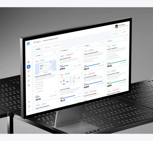 The Connectly project management workspace on a desktop monitor.