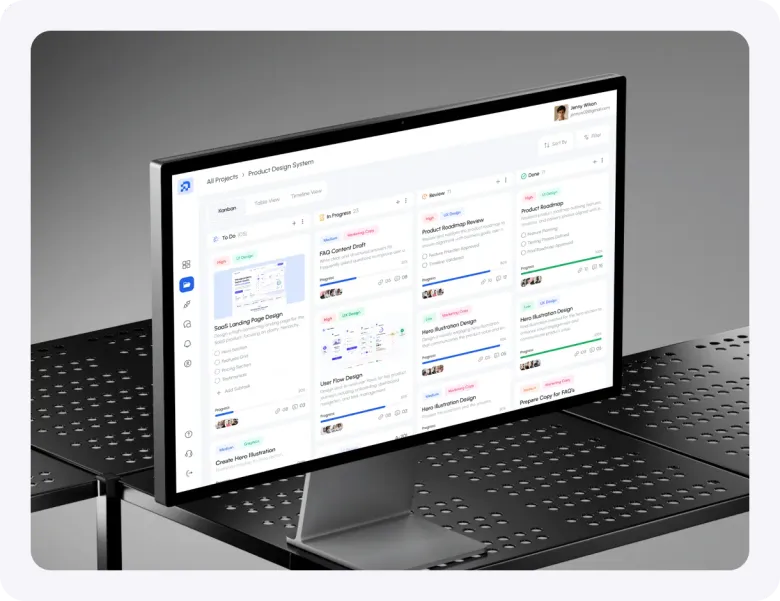 Connectly team view on a desktop monitor on a perforated metal desk.
