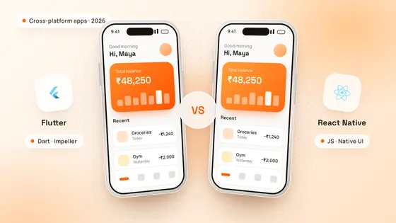 Two phones showing the same finance app, one labelled Flutter (Dart, Impeller) and one labelled React Native (JS, native UI), on a warm peach background.