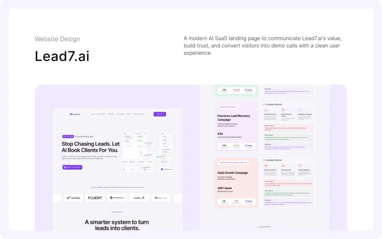 The full Lead7.ai landing page design, every section from hero to footer.