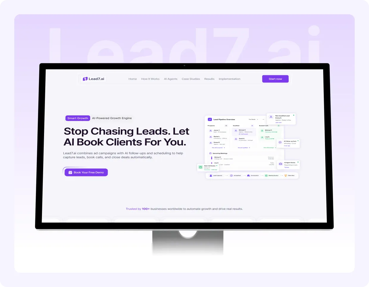 Lead7.ai landing page "Stop Chasing Leads. Let AI Book Clients For You." on a desktop monitor.