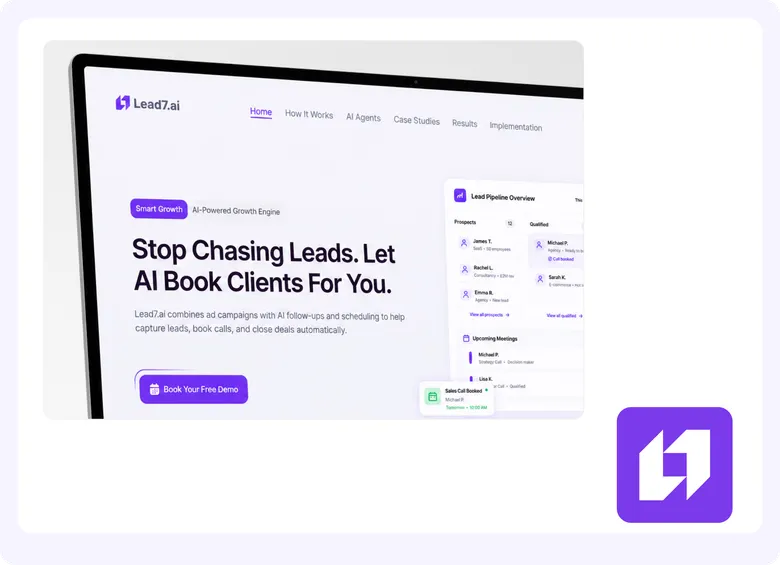 Lead7.ai hero section on a large screen next to the purple Lead7 app icon.