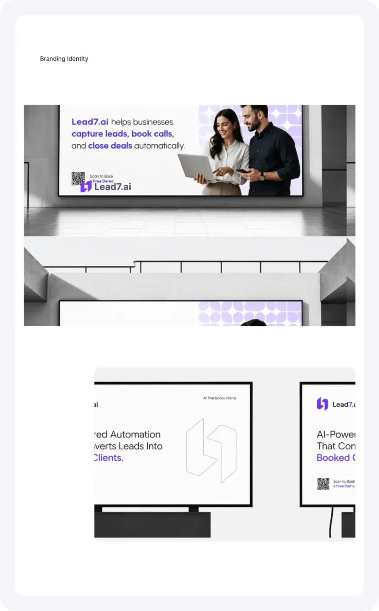 Lead7 landing page sections on screens in an office and on a black laptop.
