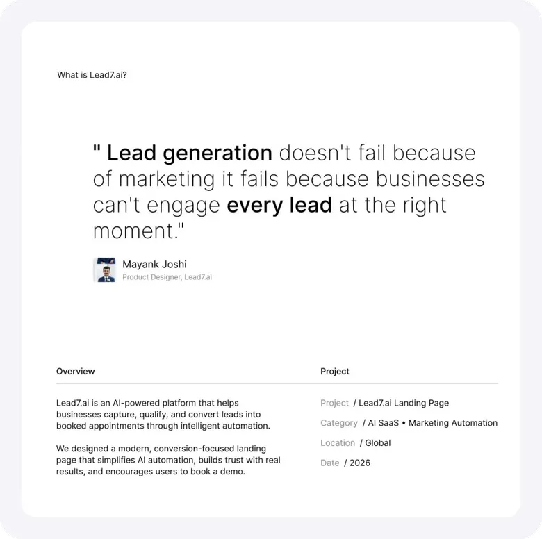 Lead7 project summary board with the quote "Lead generation doesn't fail because of marketing" and the project details.