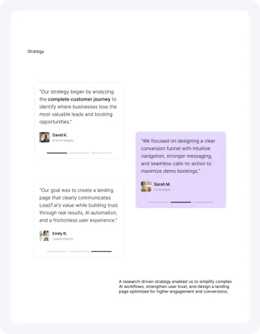 Strategy board with three team quotes on the customer journey and the landing page goal.