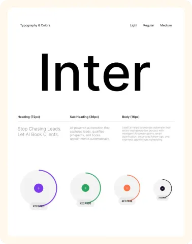 Lead7 typography in Inter with purple, green, orange and black colours.