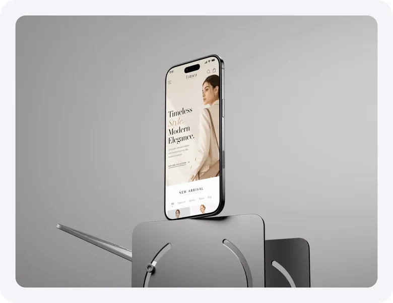 Phone with the Luméa home screen standing on a grey sculptural stand.
