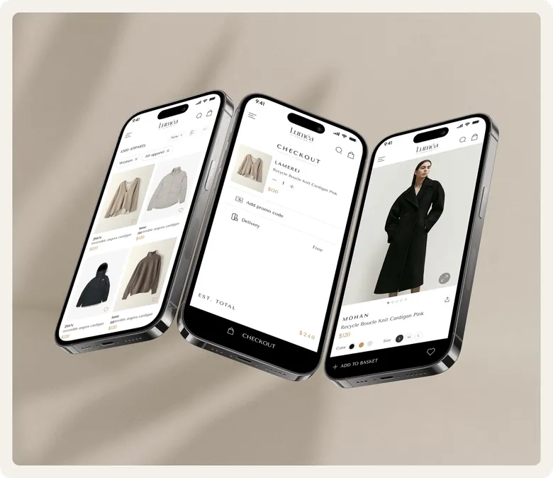 Three floating phones showing the Luméa product listing, home and product detail screens.