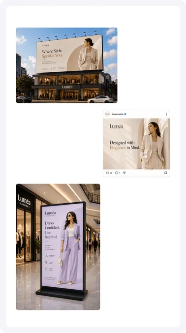 Luméa campaign on a city billboard, a phone screen and a mall display stand.