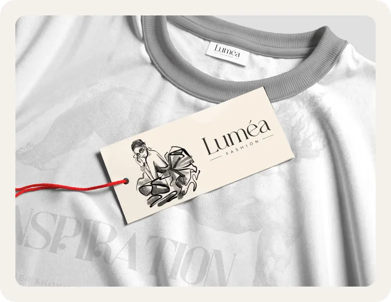 Luméa clothing tag with the illustrated logo on a white sweatshirt.