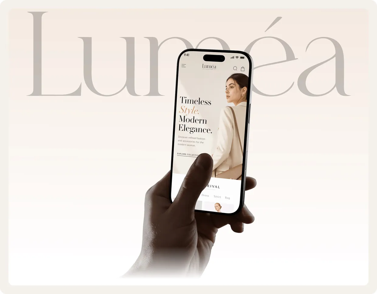 A hand holding a phone with the Luméa home screen "Timeless Style, Modern Elegance" in front of the Luméa wordmark.