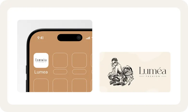 Luméa app icon on a phone and the illustrated Luméa Fashion logo.