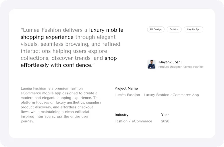 Luméa project summary board with a quote from the product designer, the project name, industry and year.