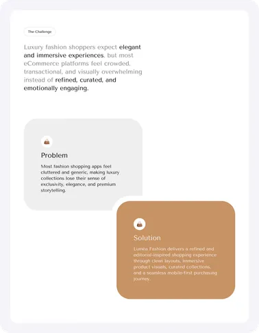 Problem and solution board on cluttered shopping apps versus a calm, editorial shopping experience.