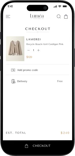 Luméa checkout screen with a pink knit cardigan, quantity, promo code and delivery.