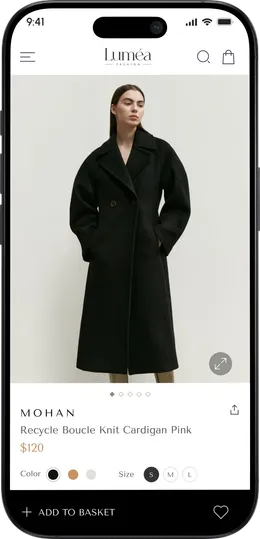 Luméa product detail of a long black coat with colour and size options.