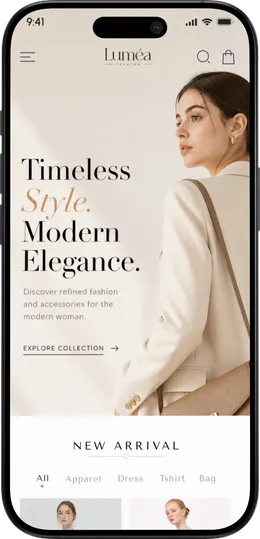 Luméa home screen with the "Timeless Style, Modern Elegance" banner and new arrivals.