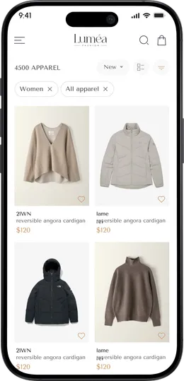 Luméa product listing with sweaters and jackets in a two-column grid with filters.
