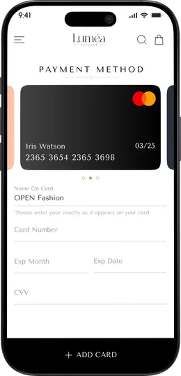Luméa payment method screen with a black card and card detail fields.