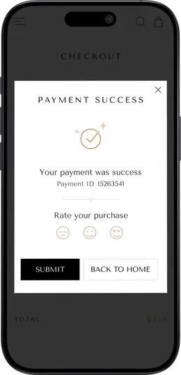 Luméa payment success message with the payment ID and a purchase rating.