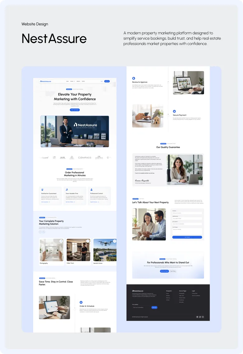 The full NestAssure website design, every section from hero to footer.