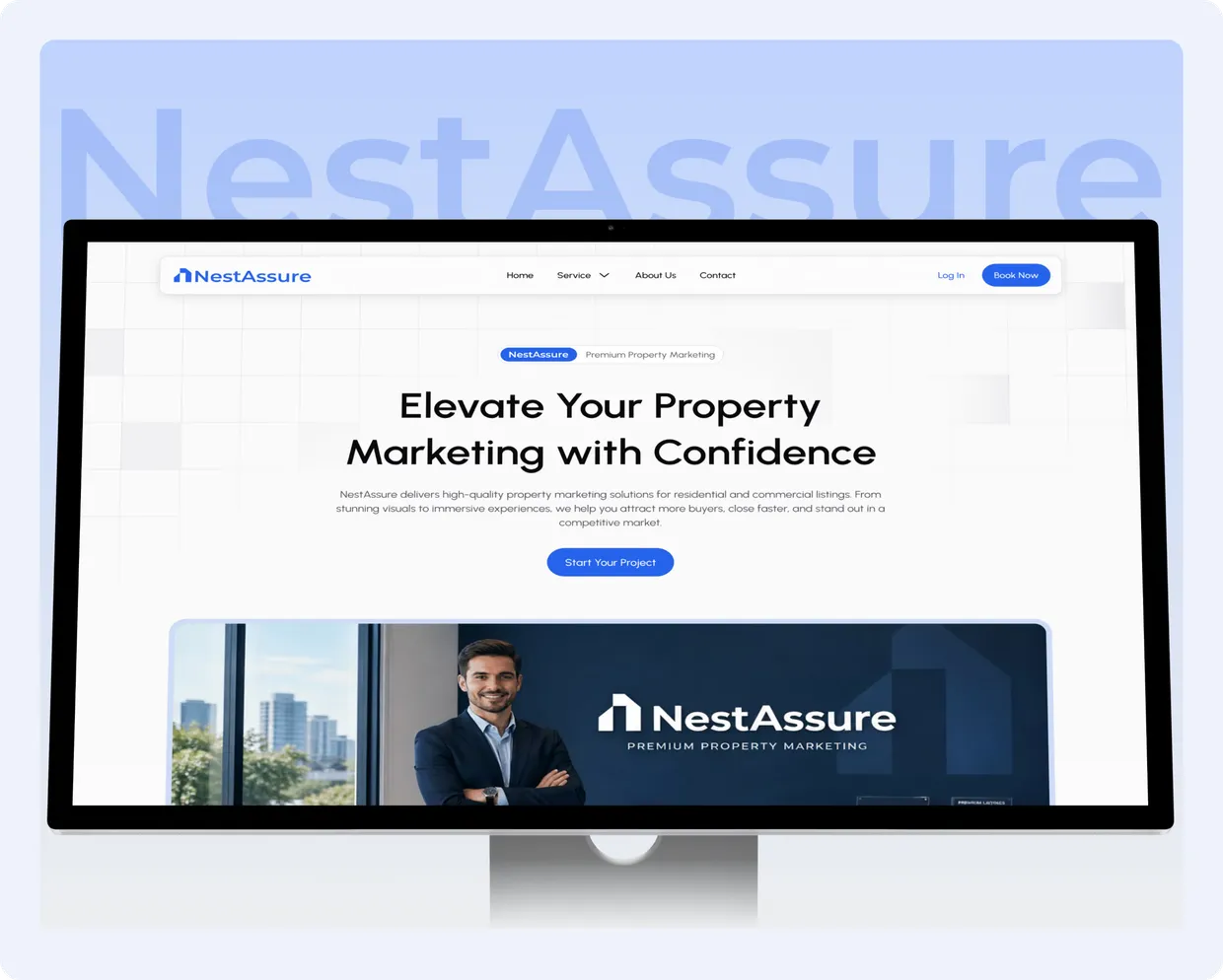 NestAssure homepage "Elevate Your Property Marketing with Confidence" on a desktop monitor.