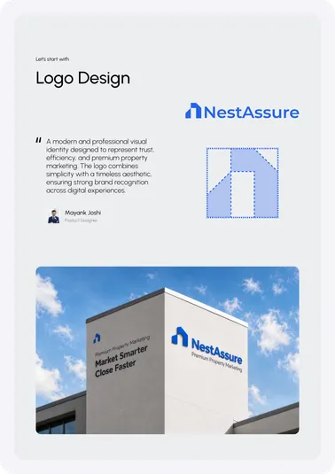 NestAssure logo design board with the house mark and the logo on a building.