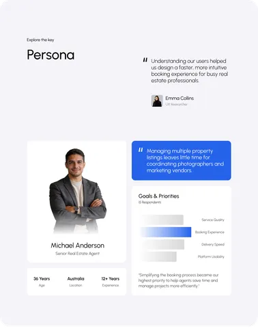 Persona of a real estate agent with goals, pain points and a quote.