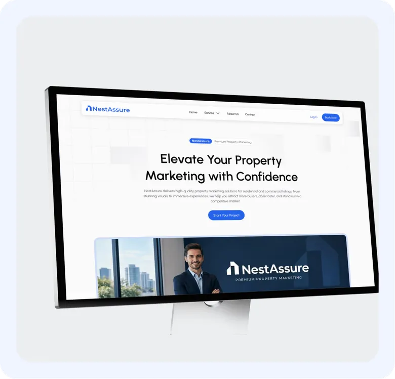 NestAssure homepage with the agent photo and city skyline on a desktop monitor.