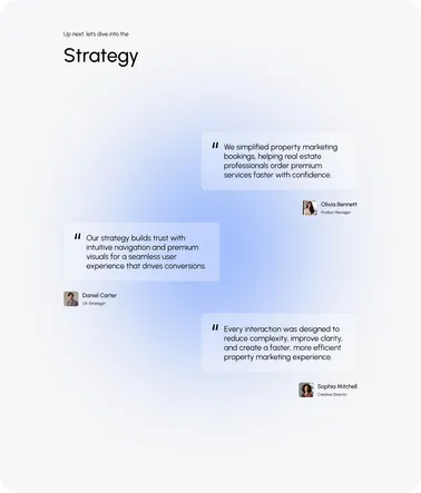 Strategy board with three team quotes on designing a trustworthy property marketing site.