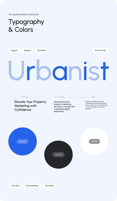 NestAssure typography in Urbanist with blue, black and white colours.