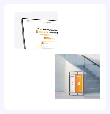 Signvex brand applied to a website on a monitor and an orange roll-up banner in a lobby.